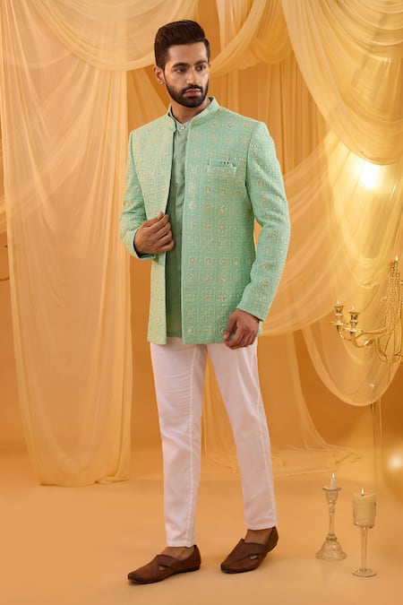 Spring Break Mint Green Embroidered Open Jacket Kurta Set 