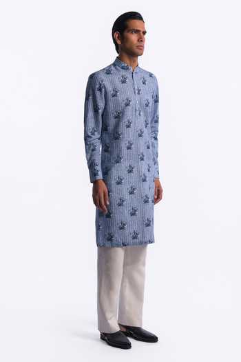 Balance by Rohit Bal_Blue Chanderi Striped And Floral Print Kurta _Online_at_Aza_Fashions