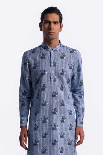 Shop_Balance by Rohit Bal_Blue Chanderi Striped And Floral Print Kurta _Online_at_Aza_Fashions
