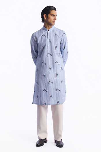 Balance by Rohit Bal_Blue Chanderi Bird Print Striped Kurta _Online_at_Aza_Fashions