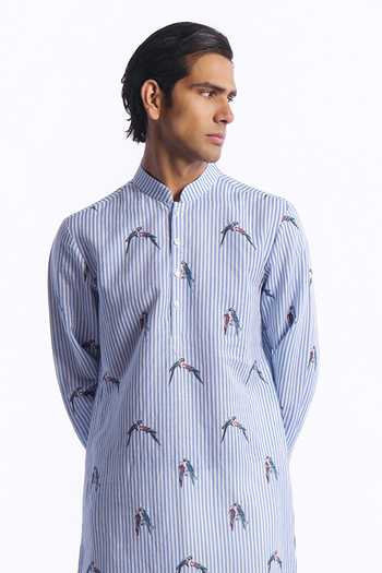 Buy_Balance by Rohit Bal_Blue Chanderi Bird Print Striped Kurta _Online_at_Aza_Fashions