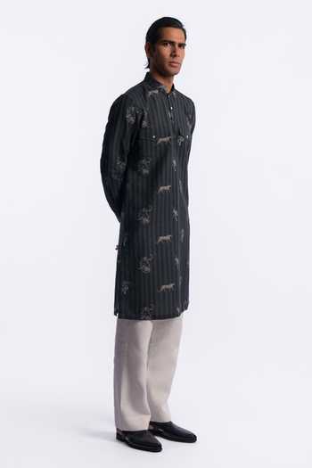 Buy_Balance by Rohit Bal_Blue Chanderi Animal Print Striped Kurta _Online_at_Aza_Fashions