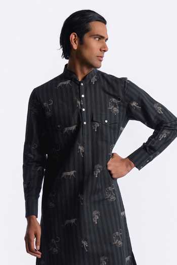 Shop_Balance by Rohit Bal_Blue Chanderi Animal Print Striped Kurta _Online_at_Aza_Fashions