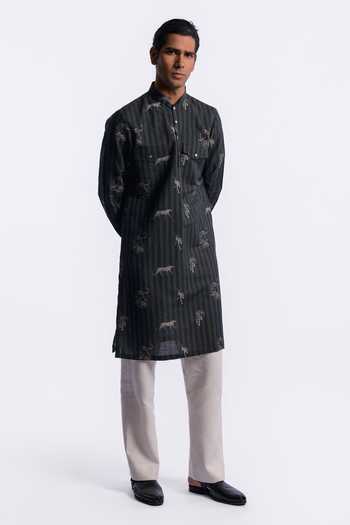 Balance by Rohit Bal_Blue Chanderi Animal Print Striped Kurta _at_Aza_Fashions