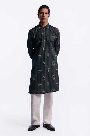 Buy_Balance by Rohit Bal_Blue Chanderi Animal Print Striped Kurta 