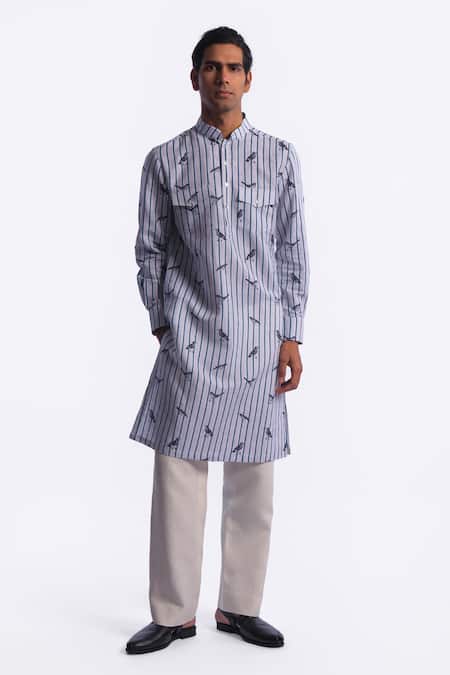 Balance by Rohit Bal Striped & Bird Print Chanderi Kurta 