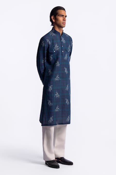 Shop_Balance by Rohit Bal_Blue Chanderi Printed Kurta _Online_at_Aza_Fashions
