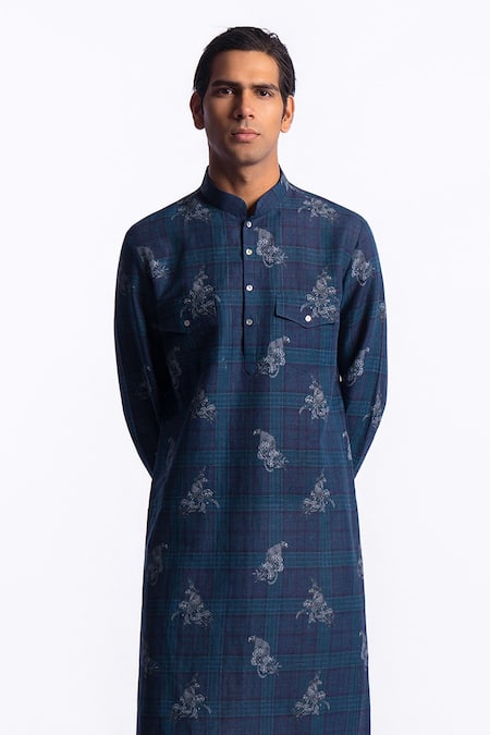 Buy_Balance by Rohit Bal_Blue Chanderi Printed Kurta 