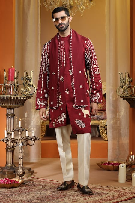 AUGUST by Swati Akash Jhunjhunwala Butti Embroidered Satin Linen Kurta Set 