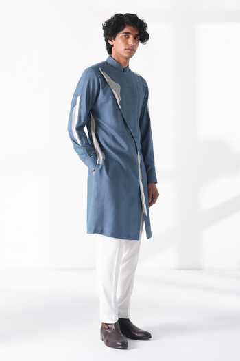 Dhruv Vaish_Blue Silk, Cotton Embroidery Kurta Set _Online_at_Aza_Fashions