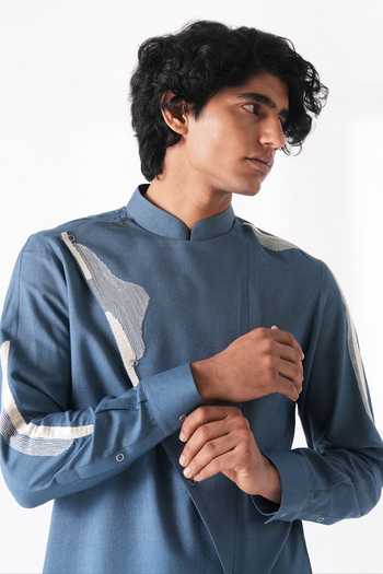 Buy_Dhruv Vaish_Blue Silk, Cotton Embroidery Kurta Set _Online_at_Aza_Fashions