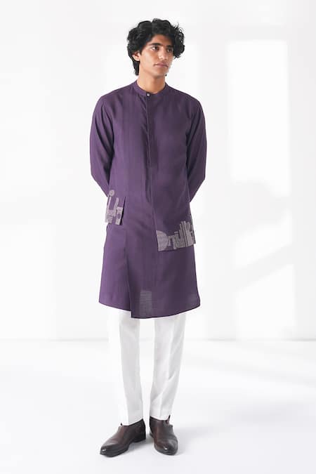 Buy_Dhruv Vaish_Purple Silk, Cotton Embroidery Thread Border Kurta Set _Online_at_Aza_Fashions