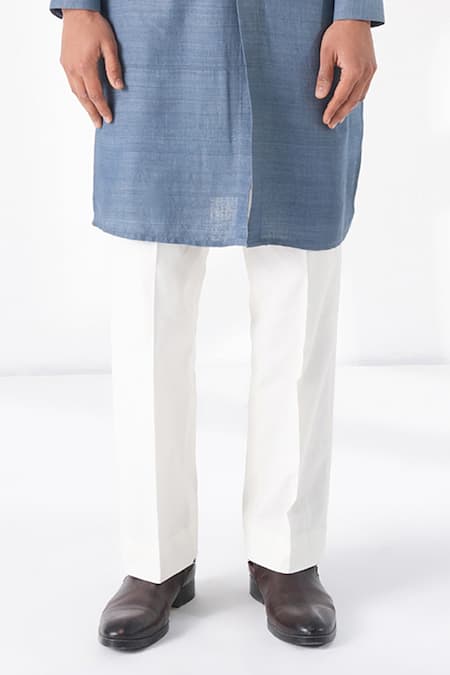 Dhruv Vaish_Blue Silk Embroidery Thread Motif Kurta Set _Online_at_Aza_Fashions