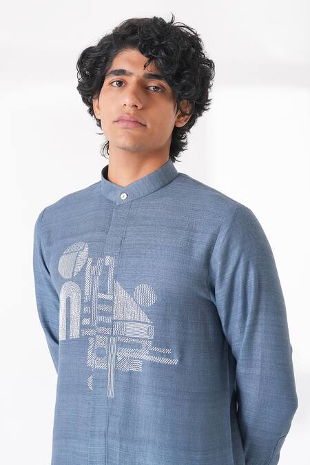 Buy_Dhruv Vaish_Blue Silk Embroidery Thread Motif Kurta Set _Online_at_Aza_Fashions