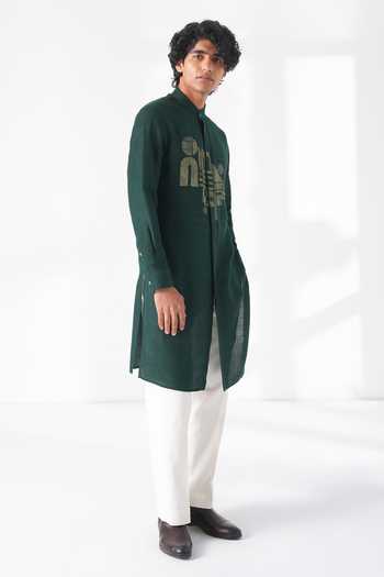 Dhruv Vaish_Green Silk Zari Thread Embroidered Motif Kurta Set _Online_at_Aza_Fashions