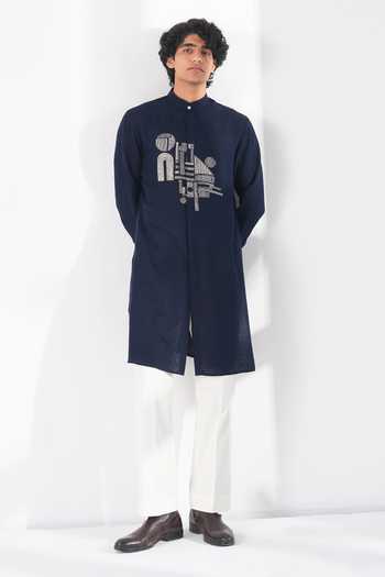 Buy_Dhruv Vaish_Navy Silk Embroidery Thread Motif Kurta Set _Online_at_Aza_Fashions