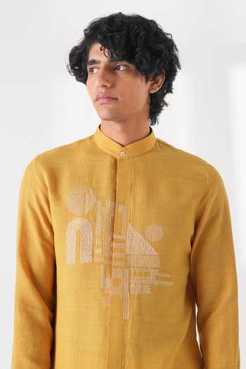 Shop_Dhruv Vaish_Yellow Silk Embroidery Thread Motif Kurta Set _Online_at_Aza_Fashions