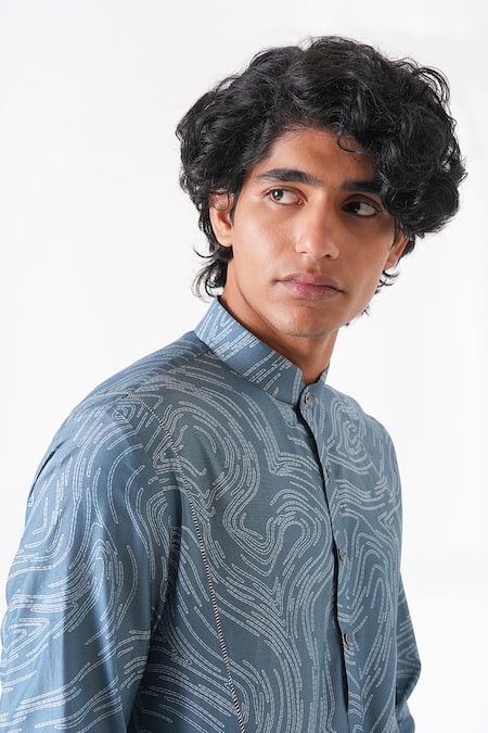 Dhruv Vaish_Blue Silk Printed Short Kurta _Online_at_Aza_Fashions