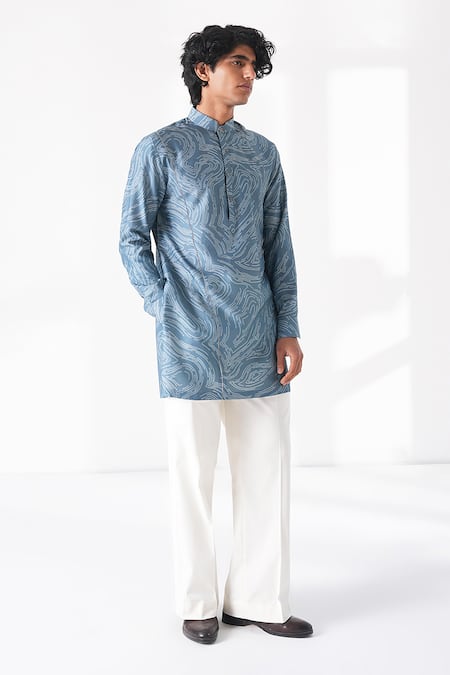 Buy_Dhruv Vaish_Blue Silk Printed Short Kurta _Online_at_Aza_Fashions