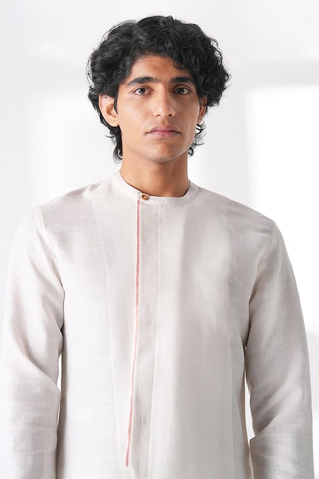 Dhruv Vaish_Ivory Silk Diagonal Cut Kurta _Online_at_Aza_Fashions