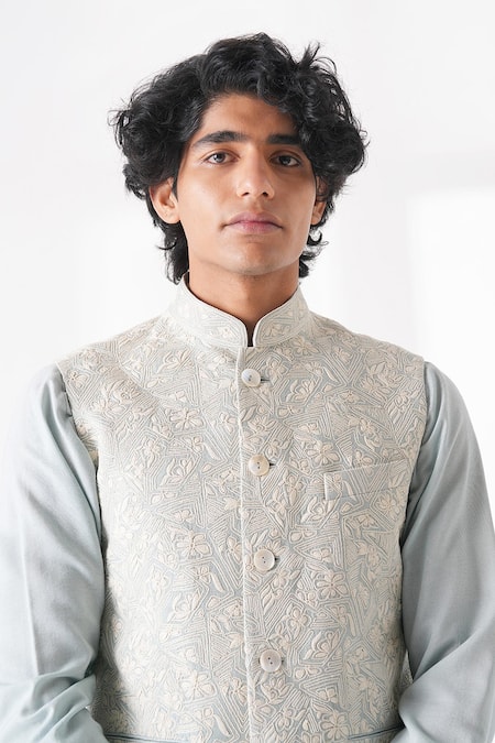 Buy_Dhruv Vaish_Blue Silk Zari Embroidered Nehru Jacket _Online_at_Aza_Fashions