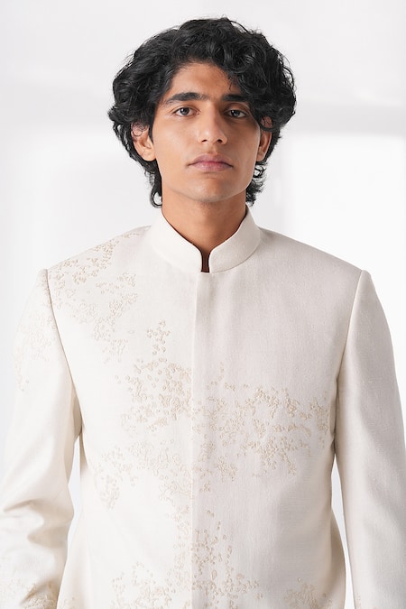 Dhruv Vaish_Ivory Silk Embroidery Scattered Thread Bandhgala _Online_at_Aza_Fashions