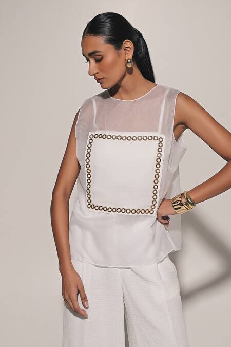 Kriti Bapna White Linen Round Neck Sheer Top And Pant Set Online at Aza Fashions Kriti Bapna_White Linen Round Neck Sheer Top And Pant Set _Online_at_Aza_Fashions