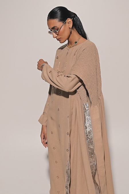 Buy_Kriti Bapna_Beige Linen Embroidery Round Neck Embellished Straight Kurta Set _Online_at_Aza_Fashions