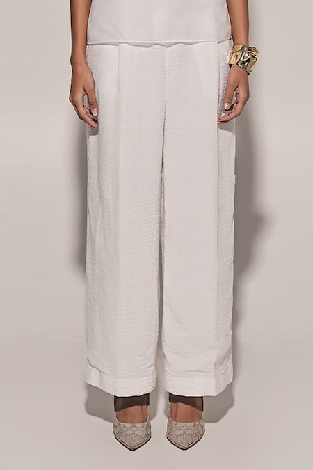 Kriti Bapna_White Linen Applique Round Neck Sheer Top And Pant Set _Online_at_Aza_Fashions