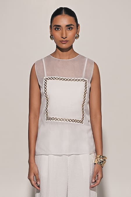 Buy_Kriti Bapna_White Linen Applique Round Neck Sheer Top And Pant Set _Online_at_Aza_Fashions