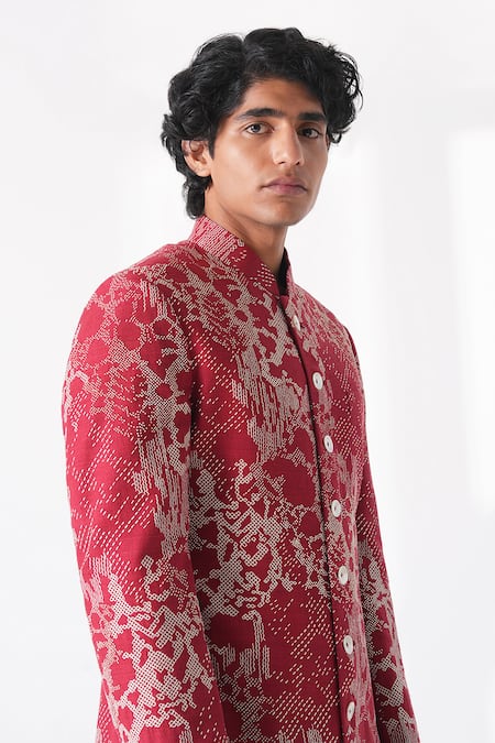 Dhruv Vaish_Red Silk Embroidery Hand Sherwani Set _Online_at_Aza_Fashions