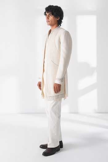 Dhruv Vaish Ivory Silk Embroidery Front Open Pintuck Sherwani Set Online at Aza Fashions Dhruv Vaish_Ivory Silk Embroidery Front Open Pintuck Sherwani Set _Online_at_Aza_Fashions