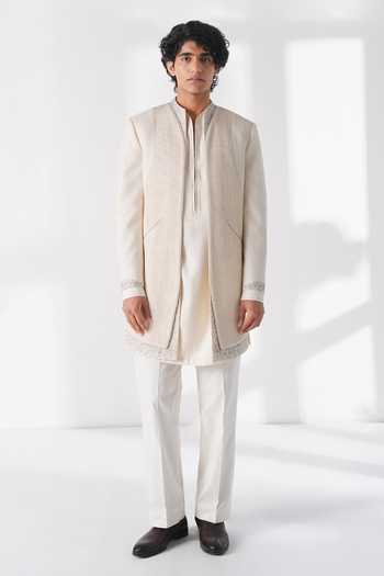 Buy Dhruv Vaish Ivory Silk Embroidery Front Open Pintuck Sherwani Set at Aza Fashions Buy_Dhruv Vaish_Ivory Silk Embroidery Front Open Pintuck Sherwani Set _at_Aza_Fashions