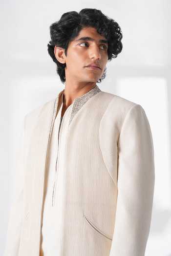 Shop Dhruv Vaish Ivory Silk Embroidery Front Open Pintuck Sherwani Set Online at Aza Fashions Shop_Dhruv Vaish_Ivory Silk Embroidery Front Open Pintuck Sherwani Set _Online_at_Aza_Fashions