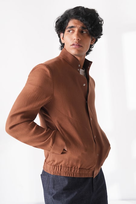Dhruv Vaish_Brown Handloom Cotton Bomber Shacket _Online_at_Aza_Fashions