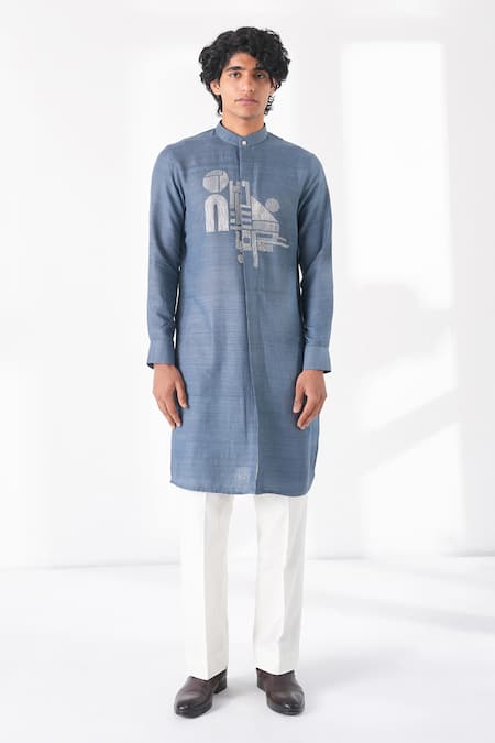 Shop_Dhruv Vaish_Blue Silk Embroidery Thread Motif Kurta Set _Online_at_Aza_Fashions