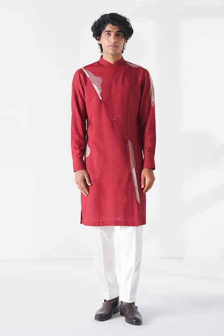 Buy_Dhruv Vaish_Red Silk, Cotton Embroidery Kurta Set _Online_at_Aza_Fashions