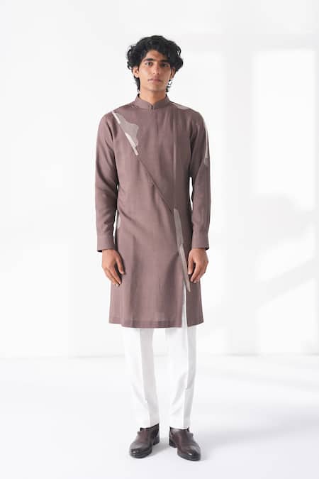 Shop_Dhruv Vaish_Brown Silk, Cotton Embroidery Kurta Set _Online_at_Aza_Fashions