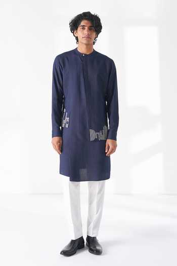 Shop_Dhruv Vaish_Navy Silk, Cotton Embroidery Thread Kurta Set _Online_at_Aza_Fashions