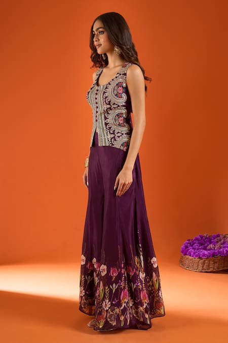 Buy Samyukta Singhania Wine Silk Embroidery Scoop Neck Top Sharara Set Online at Aza Fashions Buy_Samyukta Singhania_Wine Silk Embroidery Scoop Neck Top Sharara Set _Online_at_Aza_Fashions