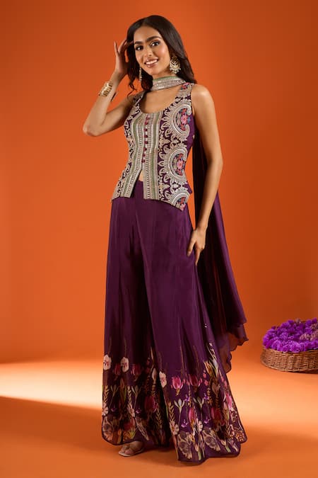 Buy Samyukta Singhania Wine Silk Embroidery Scoop Neck Top Sharara Set Buy_Samyukta Singhania_Wine Silk Embroidery Scoop Neck Top Sharara Set