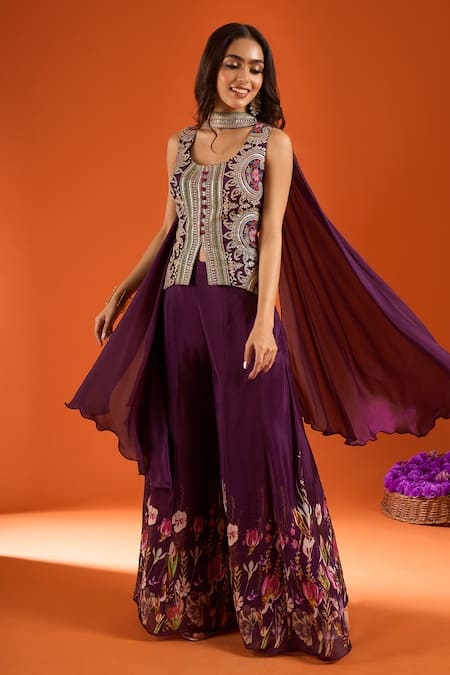 Shop Samyukta Singhania Wine Silk Embroidery Scoop Neck Top Sharara Set Shop_Samyukta Singhania_Wine Silk Embroidery Scoop Neck Top Sharara Set