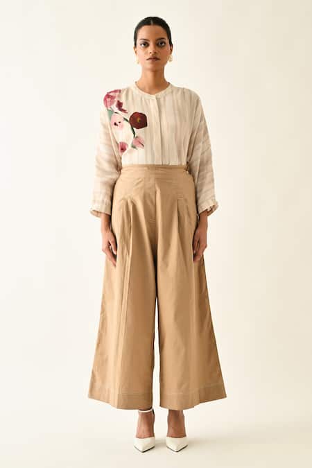 Shop_OFRIDA_Pink Cotton Mandarin Collar Solistice Printed Top _Online_at_Aza_Fashions