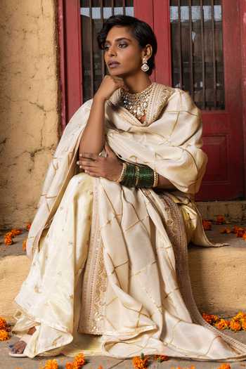 Monk & Mei By Sonia Anand_Gold Silk, Tissue, Shantoon Embroidery Mihira Benarasi Blend Kurta Set _Online_at_Aza_Fashions