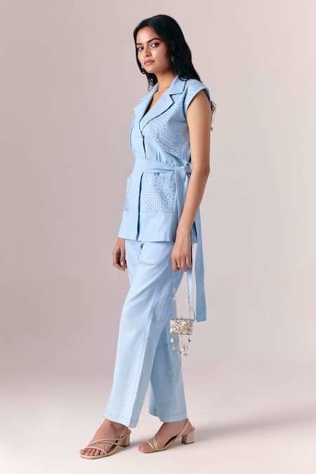 Savaaya_Blue Denim Collared Halo Embroidered Jacket Pant Set _Online_at_Aza_Fashions