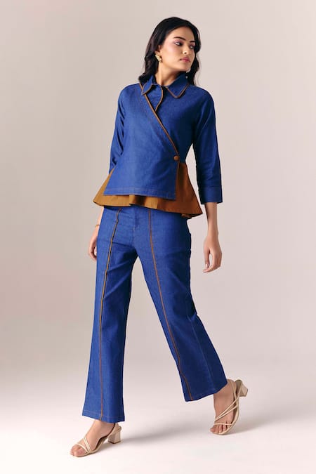 Shop_Savaaya_Blue Denim, Poplin Collared Frame Wrap Top With Pant _Online_at_Aza_Fashions