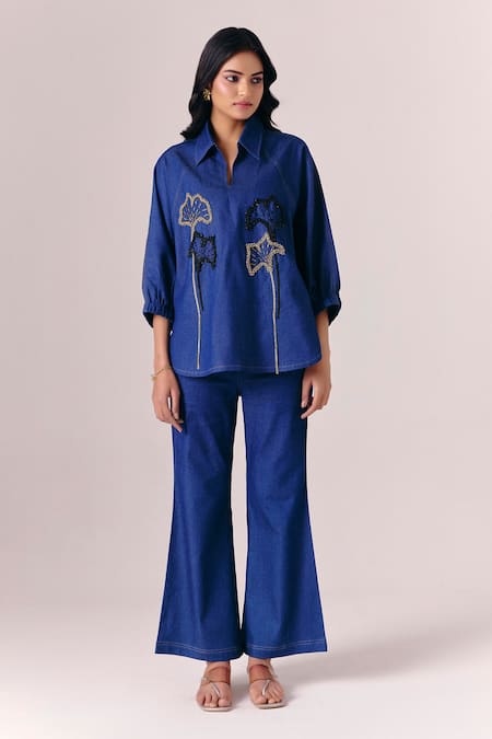 Savaaya Indigo Petal Shirt Pant Set 