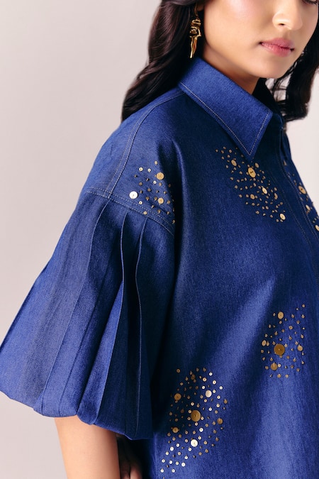 Shop Savaaya Blue Denim Sequins Collared Aurelia Abstract Pattern Shirt Online at Aza Fashions Shop_Savaaya_Blue Denim Sequins Collared Aurelia Abstract Pattern Shirt _Online_at_Aza_Fashions
