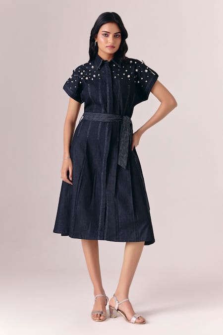 Savaaya Starlit Handwork Pearl Collared Dress 