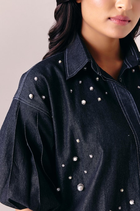 Buy_Savaaya_Black Denim Pearls Collared Midnight Shirt _Online_at_Aza_Fashions